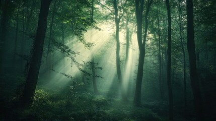 Obraz premium A misty forest with sunlight streaming through the trees, creating a mystical and hopeful atmosphere