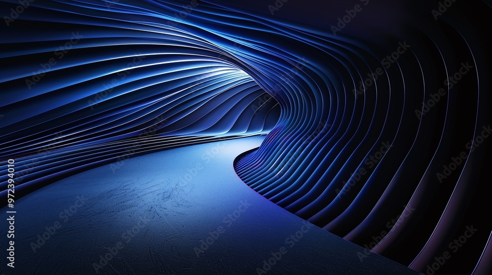 Poster an abstract blue tunnel illuminated with soft light, featuring smooth curves and a futuristic design