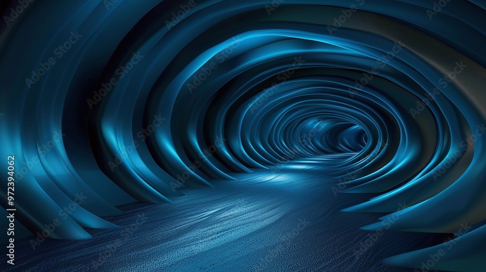 Poster an abstract blue tunnel with swirling patterns, evoking a sense of depth and motion in a surreal env