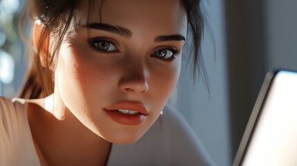 Professional Young Woman with Focused Expression Using Laptop in Sunlit Office - Close-up Portrait with Flawless Skin and Natural Teeth