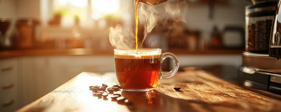 Freshly brewed coffee pouring into a mug, Monday morning, essential morning ritual