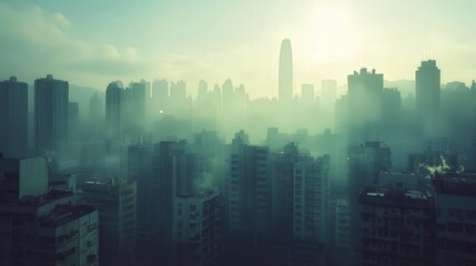 Fototapeta premium City skyline with morning haze, Monday morning, urban awakening