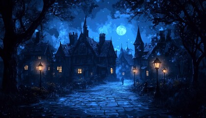 A Single Figure Walks Through a Quaint, Moonlit Village Street