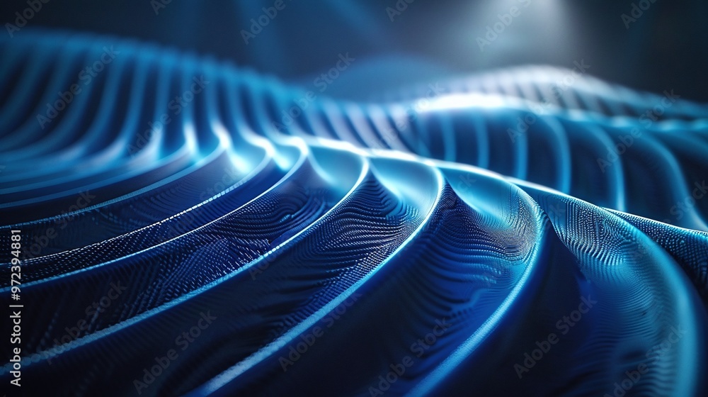 Poster an abstract pattern of luminous blue waves, showcasing depth and texture in a serene digital landsca