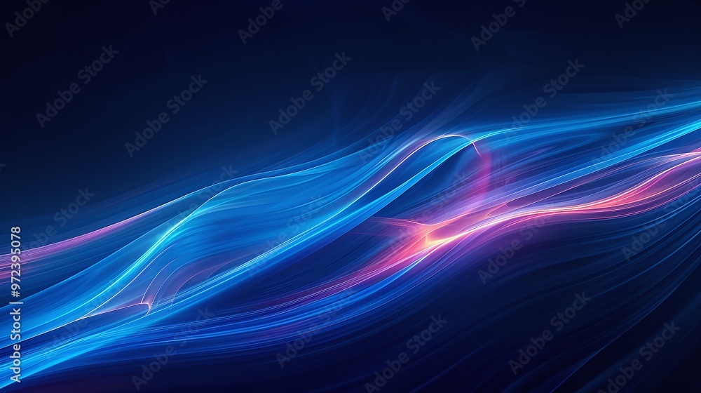 Poster an abstract representation of flowing light waves, blending blue and pink hues against a dark backgr