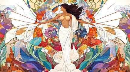 Fototapeta premium 15. An intricate Art Nouveau poster featuring flowing lines, floral patterns, and a central female figure, emphasizing elegance and natural forms