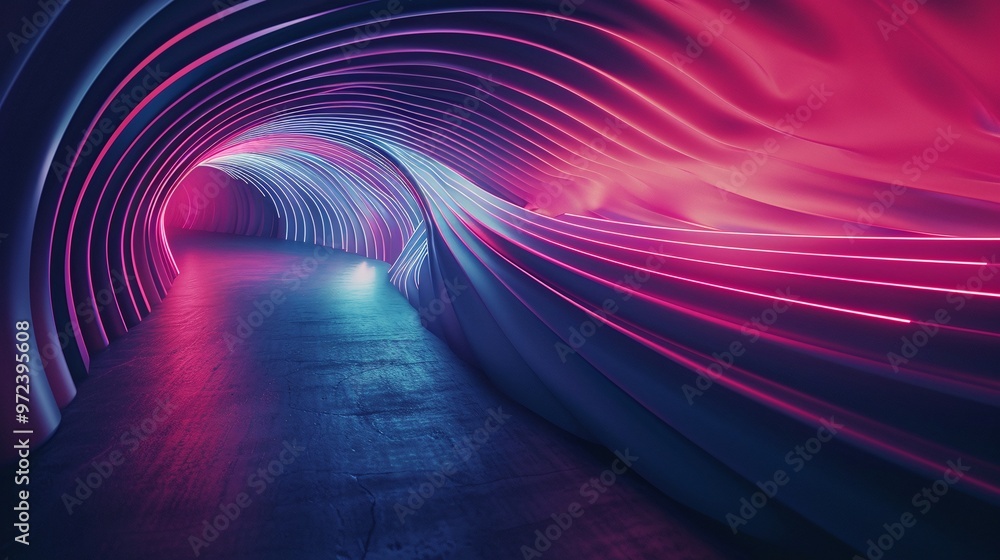 Poster an abstract tunnel with vibrant neon lights creating a dynamic and futuristic atmosphere, perfect fo