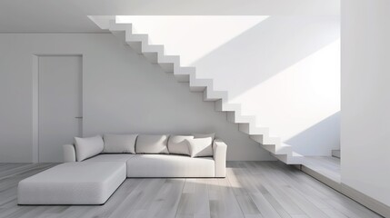 Fototapeta premium Cute grey sofa in room with staircase. Scandinavian home i nterior design of modern living room.