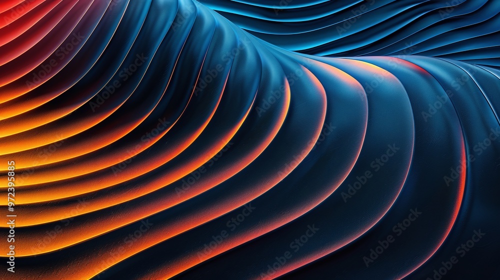 Poster an abstract wave pattern displaying smooth gradients of vibrant orange and blue shades, creating a d