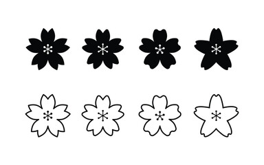 Sakura icons. cherry blossom flower icon. Spring flowers drawn in black and white. Collection of Ume Japanese cherry blossom symbols isolated on a white background.