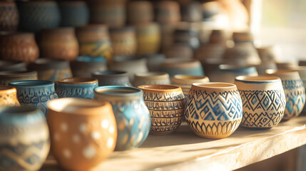 A collection of small pottery trinkets, each with unique patterns and colors, arranged neatly on a shelf, with sunlight streaming in