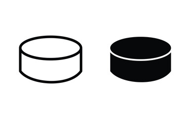Hockey puck icon. set in black and white filled and outlined style. Sports equipment. Ice hockey game attribute. Hockey puck vector symbol . Ice hockey symbol.
