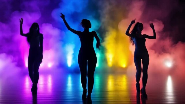 Three dancers perform in a multicolored fog with bright lights casting them in stunning shapes.