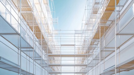 scaffolding surrounding an unfinished building, with clear skies in the background.