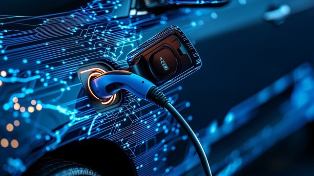 Close-up of electric vehicle charging in futuristic urban environment solar-powered infrastructure efficient transportation smart city planning