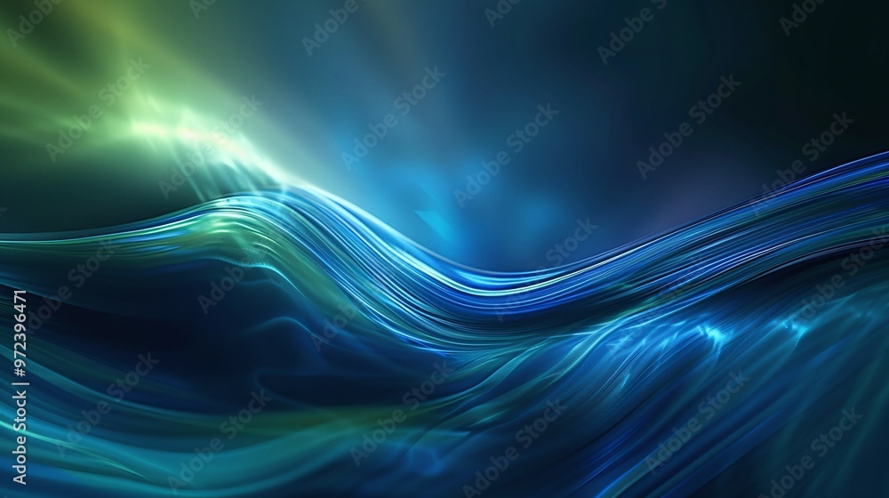 Poster captivating abstract waves of blue and green light creating a serene and dynamic visual experience p