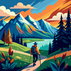 Fototapeta premium vector illustration of hiking climbing in mountain