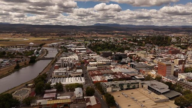 Aerial view over northern Launceston on the North Esk River in Tasmania, Australia.