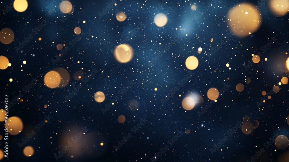 Poster golden particles are floating on a dark blue background, creating a festive bokeh effect perfect for