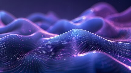 Obraz premium Digital abstract representation of flowing waves with vibrant purple and blue colors, creating a sense of depth and movement. Product presentation background.