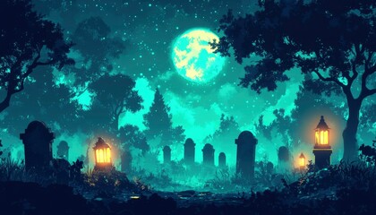 Naklejka premium A Mystical Forest Path Lit by Lanterns Under a Full Moon