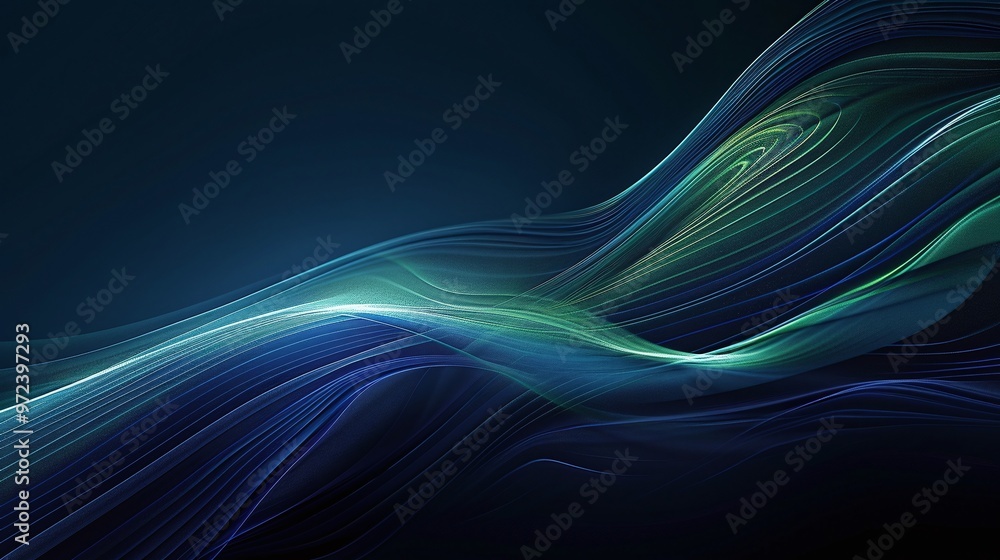Poster dynamic abstract background featuring flowing lines in shades of blue and green, creating a sense of