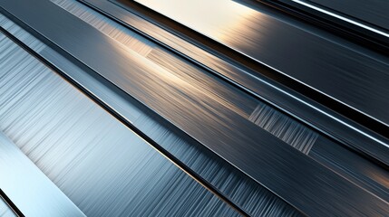 Obraz premium Parallel brushed metal surfaces are reflecting light creating an abstract industrial background with a modern and futuristic feel