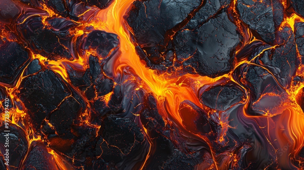 Poster mesmerizing scene of fiery molten lava flowing between hardened black igneous rocks, creating a capt