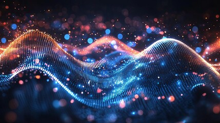 A digital wave of light particles flowing in a rhythmic pattern against a dark backdrop, representing futuristic technology and innovation. Background
