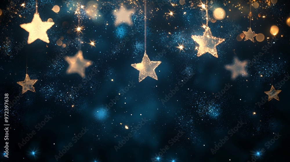 Poster golden christmas stars are hanging on string lights over a sparkling blue background with bokeh. thi