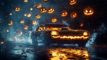 car illuminated by glowing jack-o'-lanterns in the headlights, surrounded by flying pumpkins, in a fantasy Halloween night scene with a spooky, cinematic atmosphere