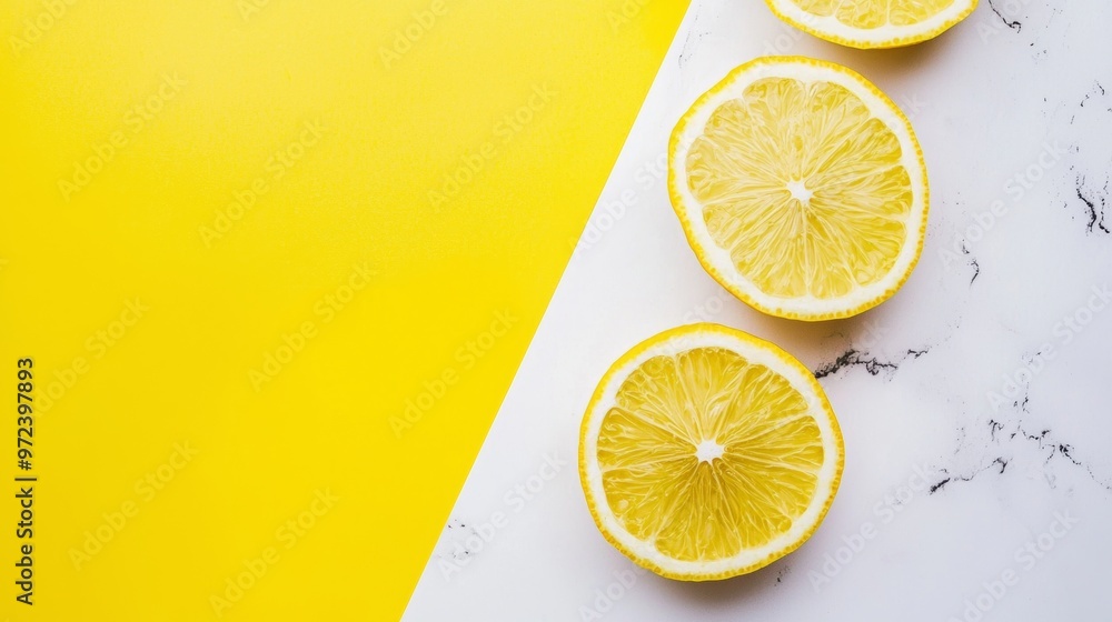 Aufkleber three lemon halves arranged on a white marble surface with a bright yellow background creating a fre