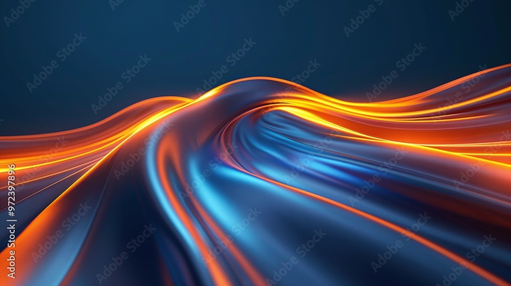 Poster dynamic abstract design featuring flowing waves of vibrant blue and orange colors, creating a sense 