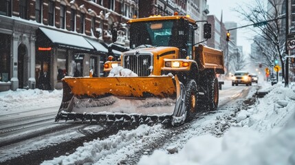 Snowplow clearing roads during winter blizzard  traffic management and snow removal operations