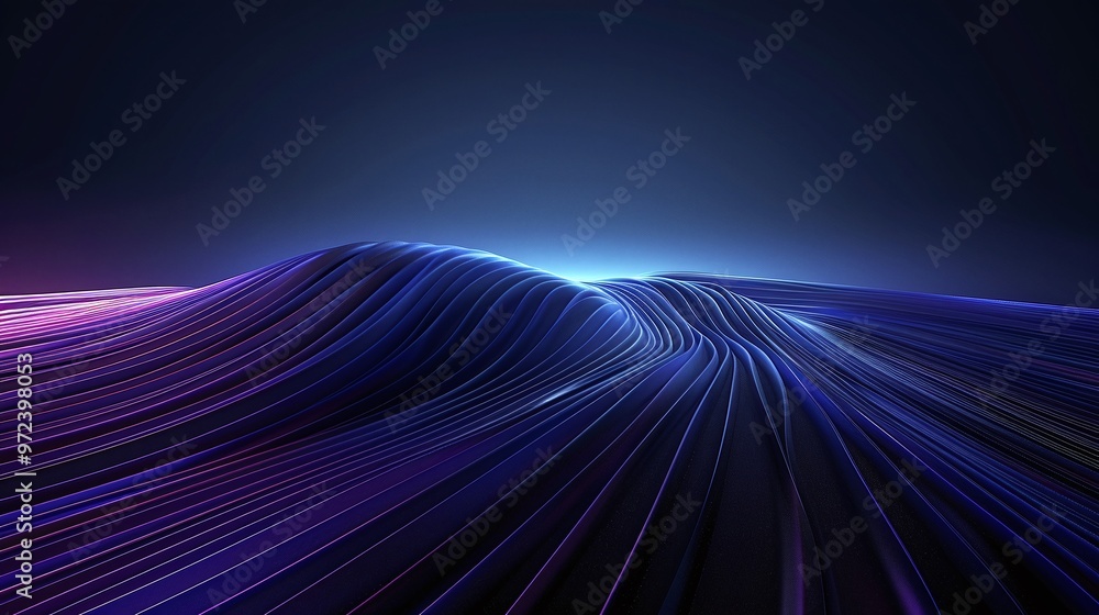Poster Dynamic abstract landscape with flowing lines, vibrant colors, and a glowing horizon, creating a sense of depth and movement. Product presentation background.