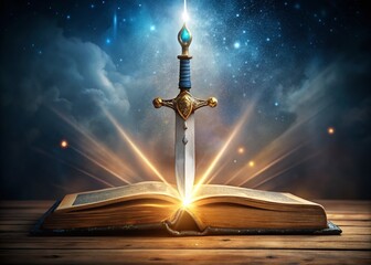 A majestic, radiant sword with intricate designs and a glowing aura, placed on a worn ancient book, symbolizing - obrazy, fototapety, plakaty