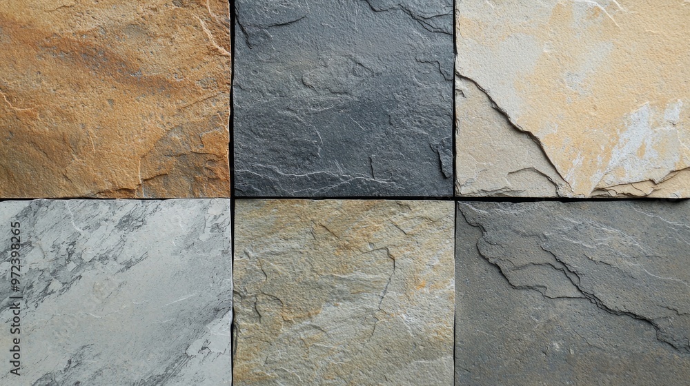 Poster samples of natural slate stone in various colors are arranged creating a decorative pattern for an i