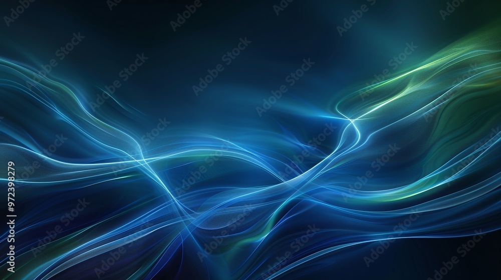 Poster dynamic abstract lines swirl in a captivating blend of blue and green, creating a serene and modern 