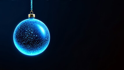 Fototapeta premium A blue sparkling Christmas tree ball on a dark blue background. A New Year's or Christmas card. Banner.