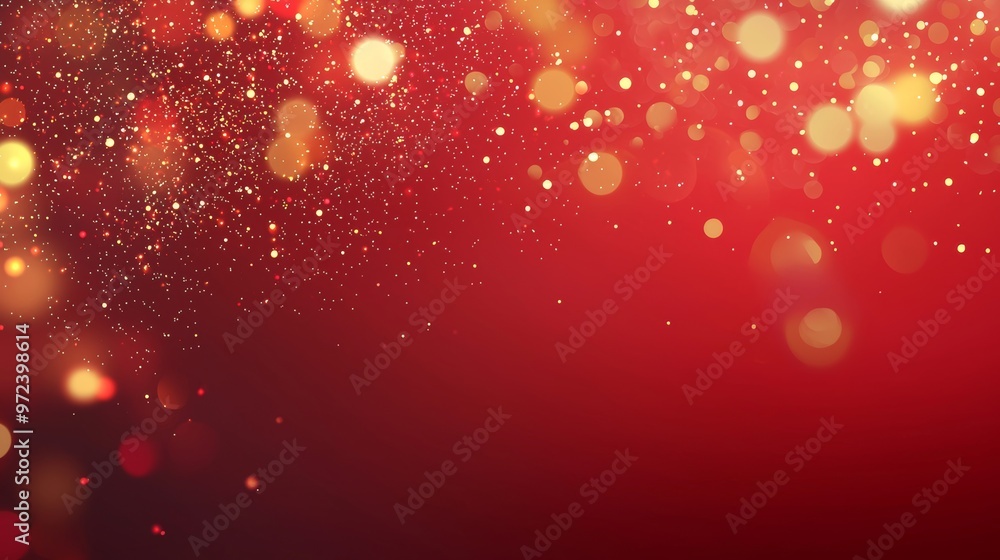 Poster abstract red background with falling gold glitter creating a bokeh effect. perfect for adding a touc