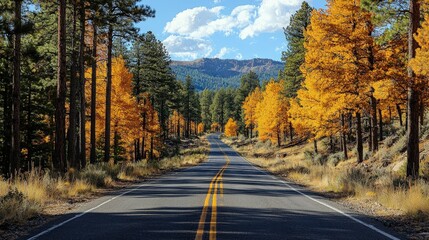 Fototapeta premium Scenic drive through autumnal pine forest, colorful foliage lining the road