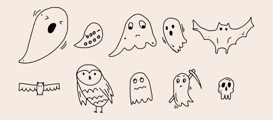 set of halloween clipart. Bat, ghosts and owl. Mystical magic collection elements. Trendy modern doodle vector illustration. hand-drawn vector art