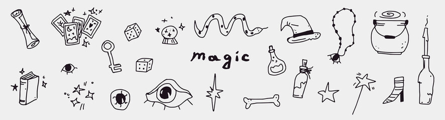 Mystical magic collection elements: fortune-telling cards, potion, eye, etc. set of halloween clipart. Trendy modern doodle vector illustration. hand-drawn vector art