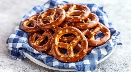 Savory brown pretzels stacked on a blue checkered cloth background.