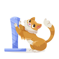 Adorable orange cat scratching a blue post on a white background. Concept of playful pets. Vector illustration