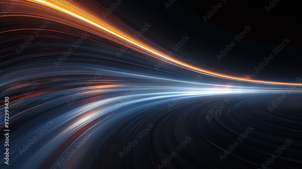 Poster Dynamic light trails create a mesmerizing abstract background, showcasing vibrant colors flowing in harmony against a dark backdrop. Product presentation background.