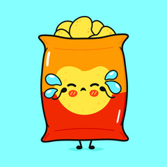 Crying Chips character. Vector hand drawn cartoon kawaii character illustration icon. Isolated on blue background. Sad Chips character concept