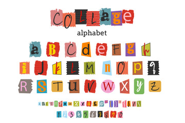 Alphabet collage of colorful cut out newspaper letters. Graffiti grunge style type font. Hand drawn alphabet. Handmade paper cut ransom note style font. Grunge punk clipped elements collection