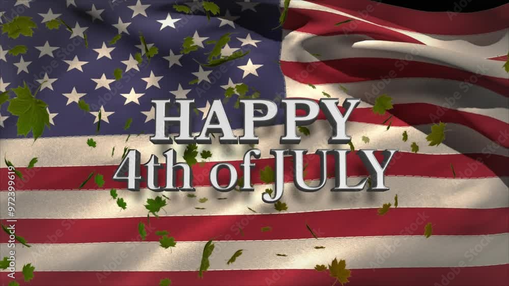 Poster Animation of maple leaves floating over happy 4th of july text banner against waving usa flag