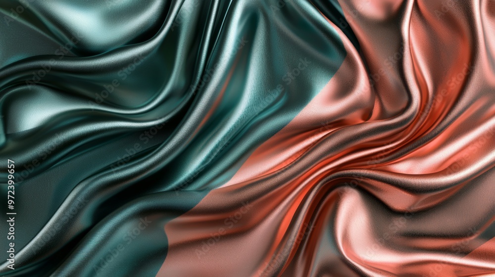 Poster elegant teal and coral silk fabric flowing in the wind, creating a luxurious and abstract background